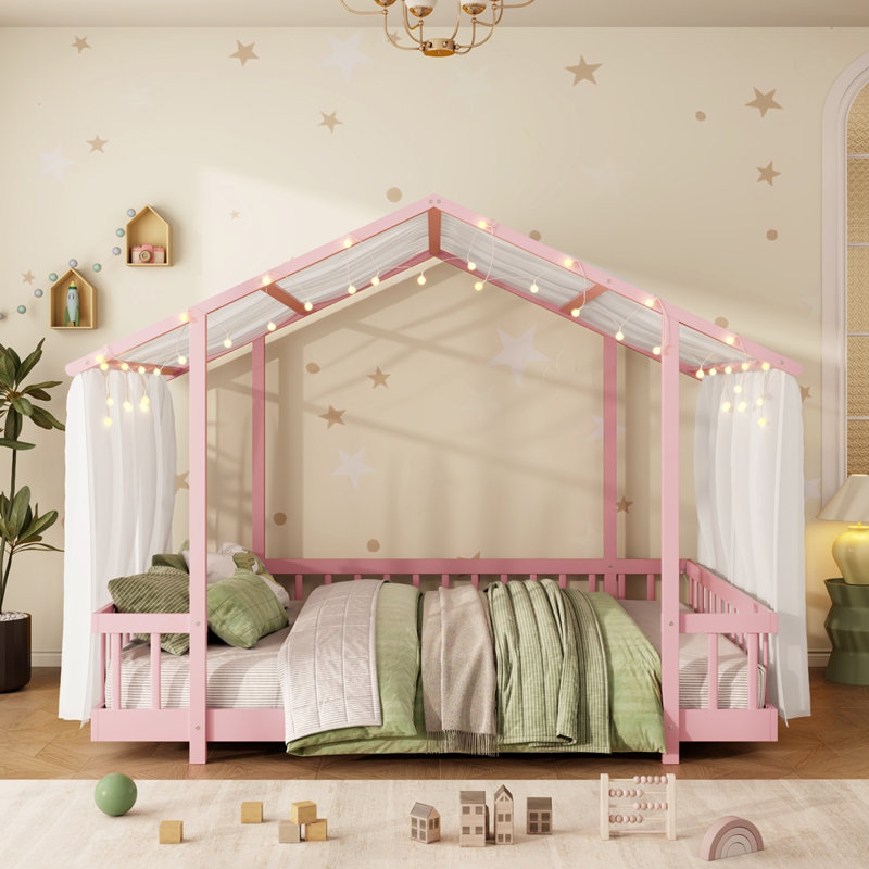 Twin Size Platform Bed with Sheer Fabric Canopy and String Lights, White, Double, Rose