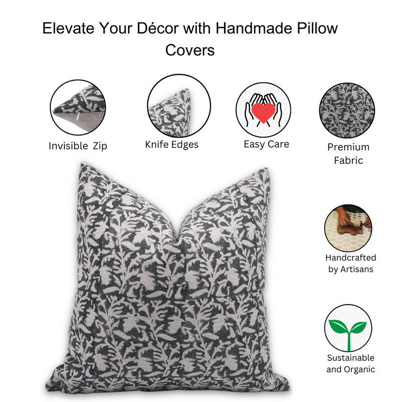 Linen Pillow Cover, Rectangular, 14" x 36", Gray/White Floral 1