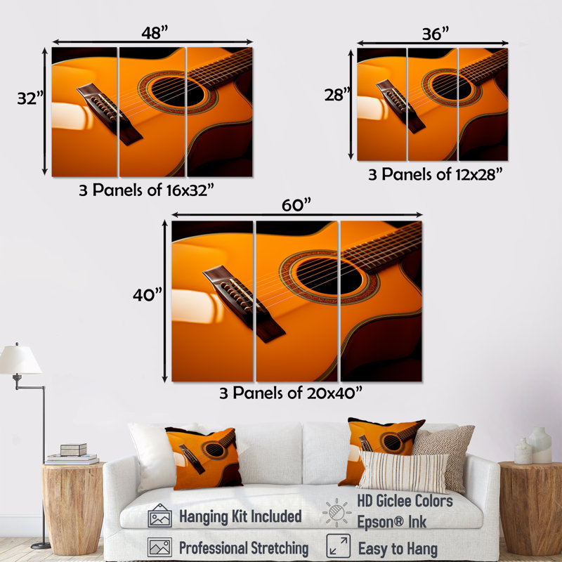 Magnifique guitare orange, ensemble d'art mural, Toile tendue, H 28 po x l 36 po x P 1 po