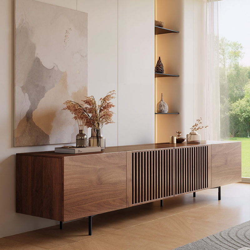 Mid Century Modern Tv Cabinet Slatted Doors Features 4 Interior Compartments, 21.65"H x 94.48"L x 15.75"W
