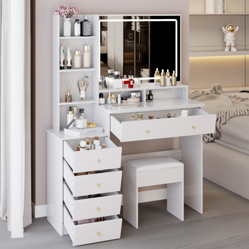 41" Large Size Left Bedside Cabinet Vanity Table+Cushioned Stool, Extra Large Touch Control LED Mirror, 3-Colour Switch, Multi Layer High Capacity Storage Fashionable Dresser, Suitable For Large Space