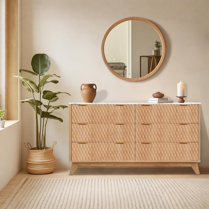 Commode 6 tiroirs cannelée avec plateau en faux marbre Modern, Jaune