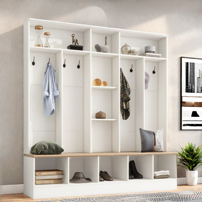 Wide Design Hall Tree With Storage Bench, Shoe Cabinet, Shelves And 8 Hooks, White