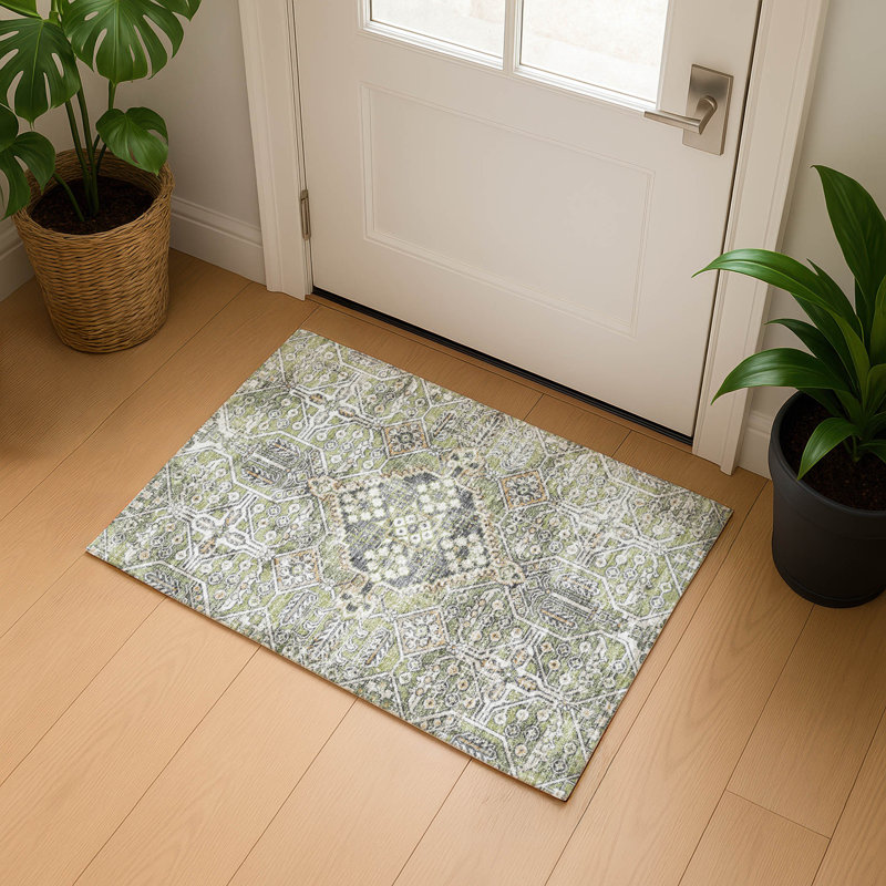 Premium Machine Washable Mayfield AMF2197 global Rug, 1'8" x 2'6", Aloe