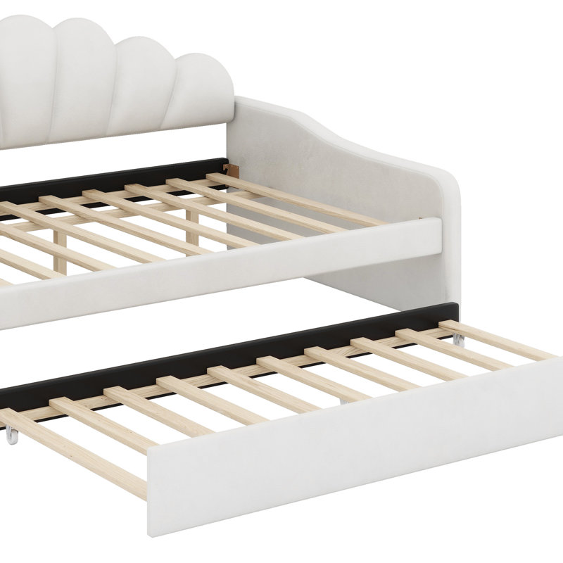 Structure de lit de jour rembourrée avec dossier en forme de coquillage et lit gigogne, Blanc