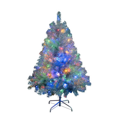 4FT Sliver Pre-Lit Artificial Christmas Tree, Hinged Full Tree With Metal Stand, 400 Branch Tips, 150 LED Lights,11 Lighting Modes, Holiday Decoration Tree For Indoor And Outdoor