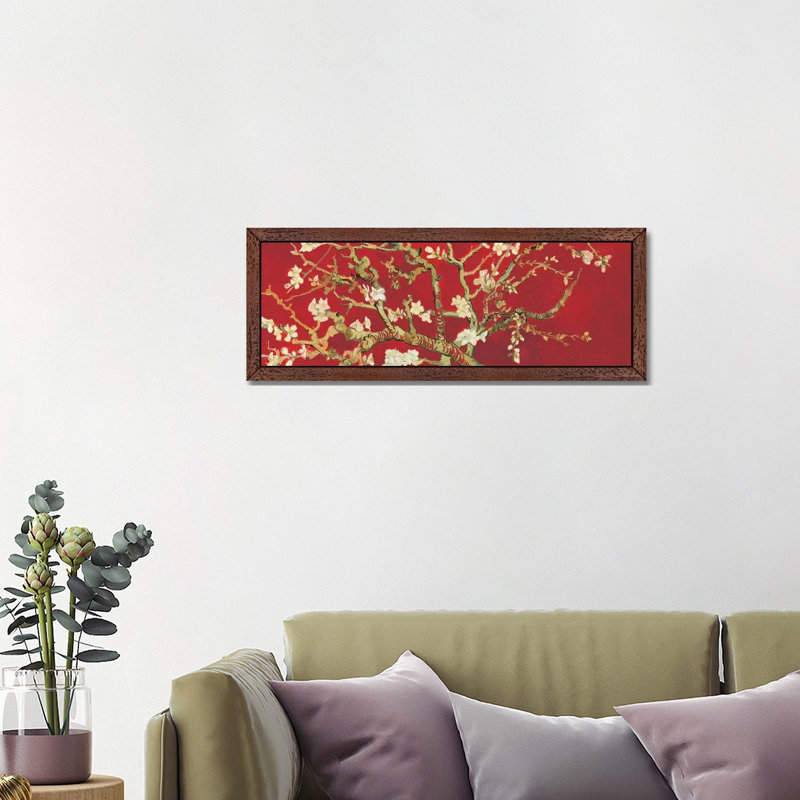 Almond Blossom by Vincent Van Gogh - Panoramic Painting on Canvas, 30.48 cm H x 91.44 cm W, Brown Framed