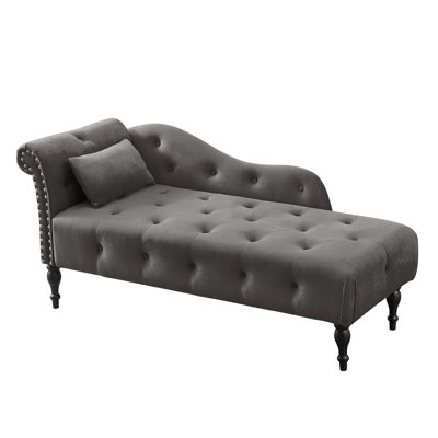 60.6" Velvet Chaise Lounge Buttons Tufted Nailhead Trimmed Solid Wood Legs With 1 Pillow,Grey (Left Arm Design As Shown In The Picture) by House of Hampton