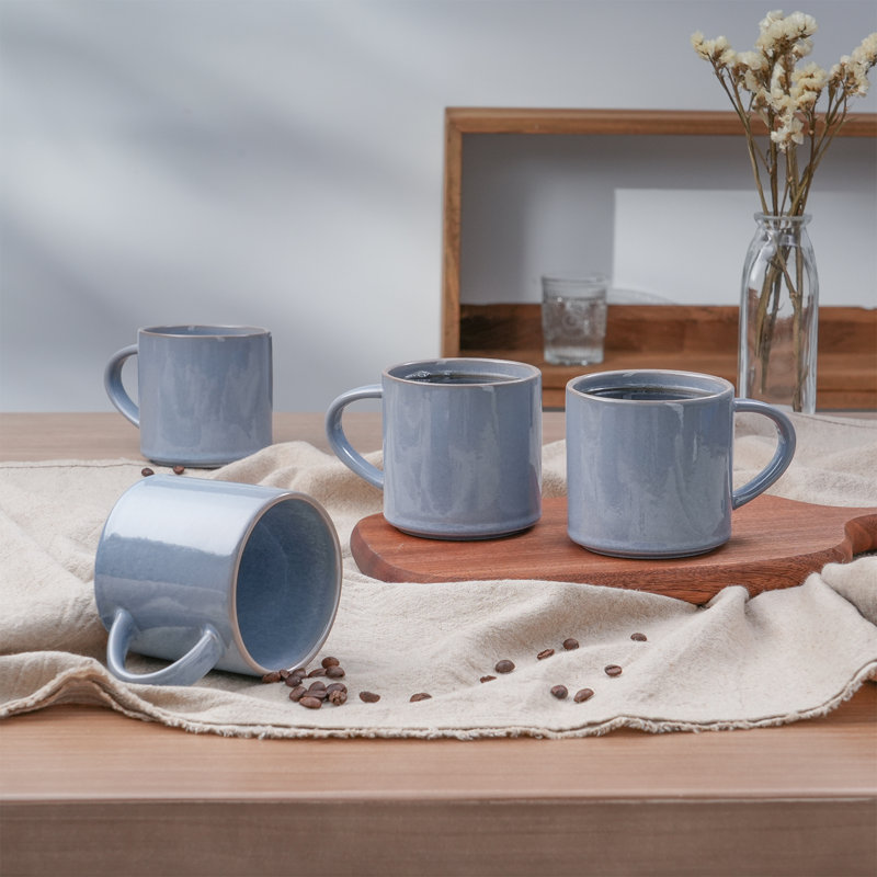  Ensemble de 4 tasses à café 14 oz en grès, Bleu clair
