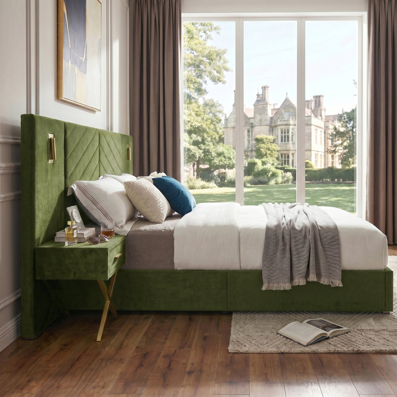 Lit plateforme tapissier Modern, Queen, Light Green