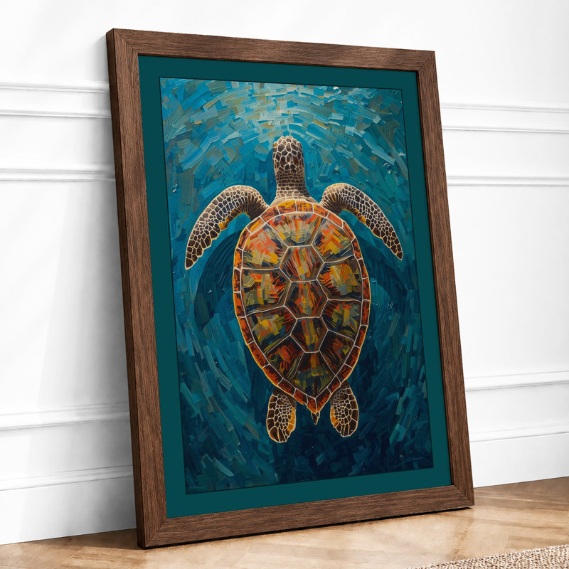 Turtle in Open Water Coastal - Framed Print, A4 - 29.7 x 21.0 cm, Walnut