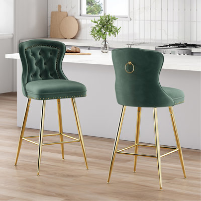 De 2 tabourets de bar en velours à pattes en métal avec garniture de boutons et têtes de clous, dossier à oreilles pour bar de cuisine, éponge à haute résilience, hauteur réglable, pieds de conception moderne, coussin en mousse de pub, structure, facile à