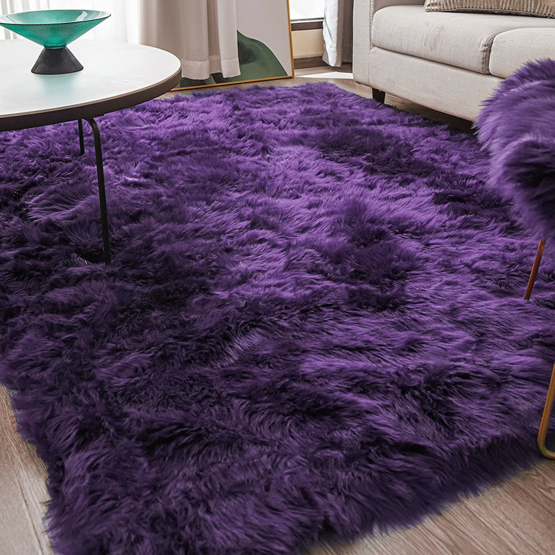 Grape Purple Faux Sheepskin Fur Fluffy Shag Area Rug, Rectangle 8' x 10'