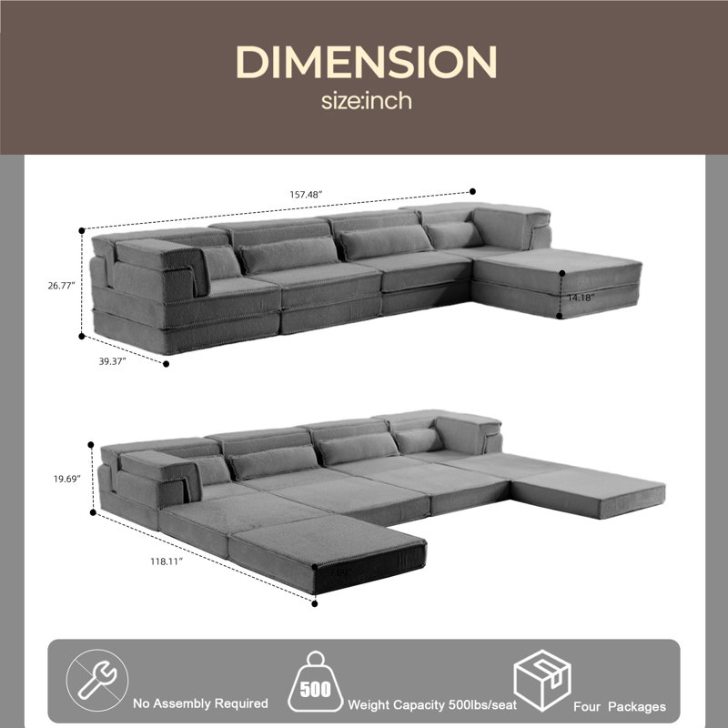 Compression Mahjong Sofa,Convertible Floor Sofa Bed,DIY Boneless Modular Sectional Sofa,No Assembly Required,Circle Fleece Fabric,Oversized 4 Seater With 1 Ottoman