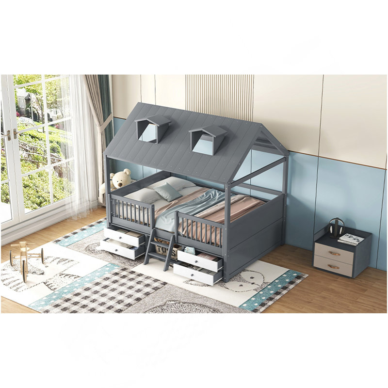 Structure de lit double en bois pleine grandeur, gris, Gris, Lit double