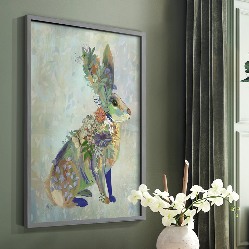 Fantastic Florals Hare, assis, reproduction encadrée - bois massif, Brun, H 20 po x l 16 po
