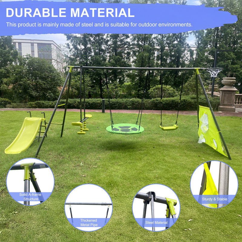 Ensemble de jeu de plein air six fonctions avec soucoupe pivotante et toboggan avec capacité de jeu de 440 lb pour les enfants de 3 ans et plus
