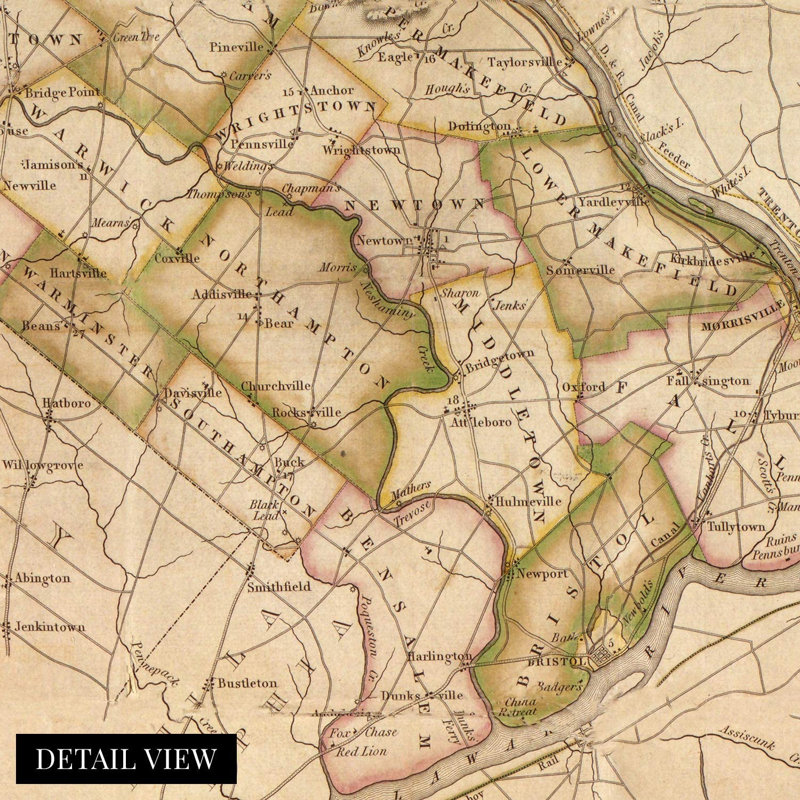 1831 Bucks County Pennsylvania Map, art mural, H 24 po x l 18 po x P 0,1 po
