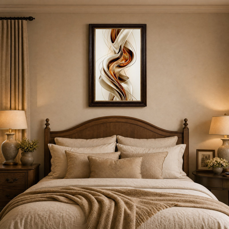 Toile murale abstraite à tourbillons métalliques tourbillonnants bronze et crème, H 24 po x l 16 po