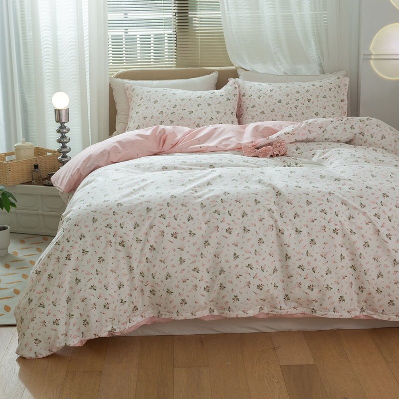 Cotton Floral Duvet Cover Set, King Duvet Cover + 2 Standard Shams, Pink