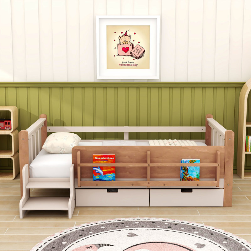 Lit simple mezzanine bas avec tiroirs de rangement intégrés et garde-corps de sécurité, Twin, Beige