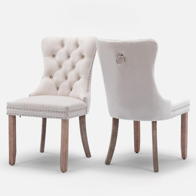 Belmont Button-Tufted Velvet Dining Chair – Premium Fabric & Solid Oak Frame, Beige, Light Brown, 2
