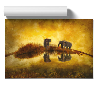 Elephants at Sunset Painting - Frameless Print
