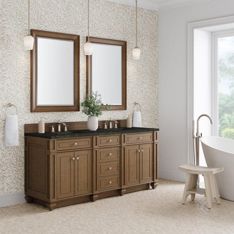 Meuble-lavabo double l 72 po Bristol, Brun selle, Blanc Zeus, 8 po