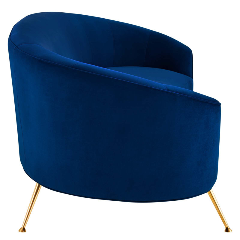 Navy Velvet Curved Sofa with Gold Legs and Sloped Arms
