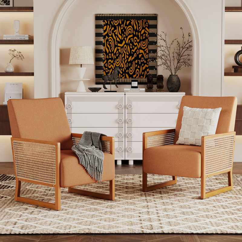 Upholstered Accent Chair With Rattan Arms And Solid Wood Legs, Orange Linen