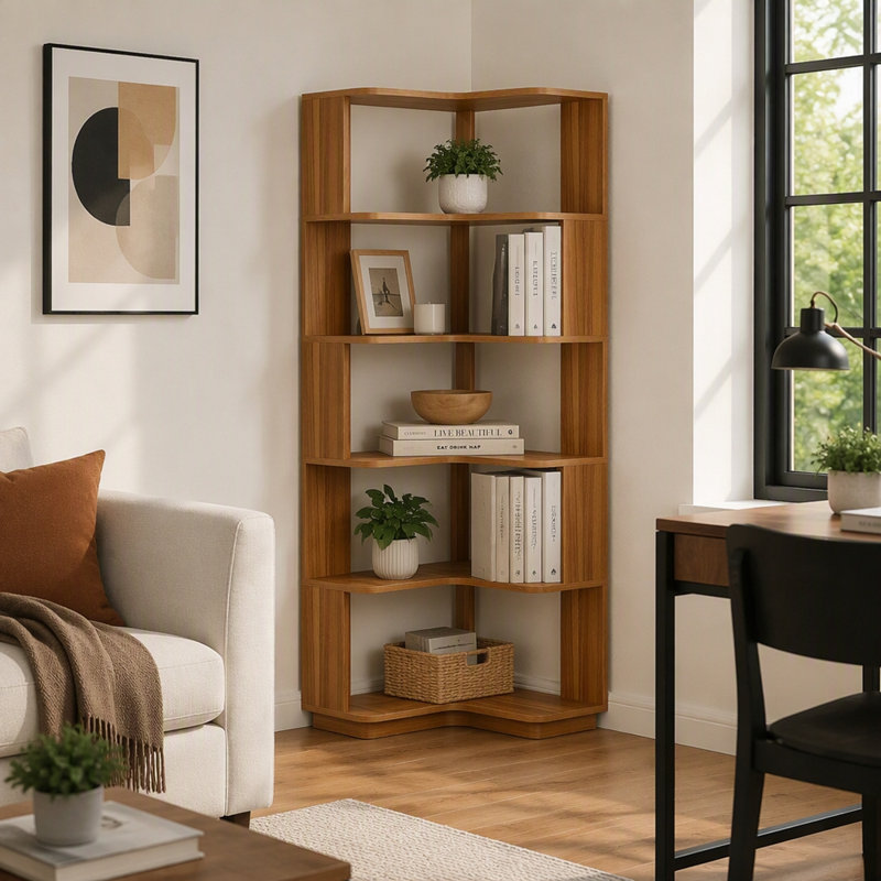 Industrial‑Style 90° Right‑Angle Freestanding Corner Book Shelf, 6‑Tier Storage Rack, Anti‑Drop Panels, Heavy‑Duty 60LB‑Capacity Shelves for Living Room Bedroom Office