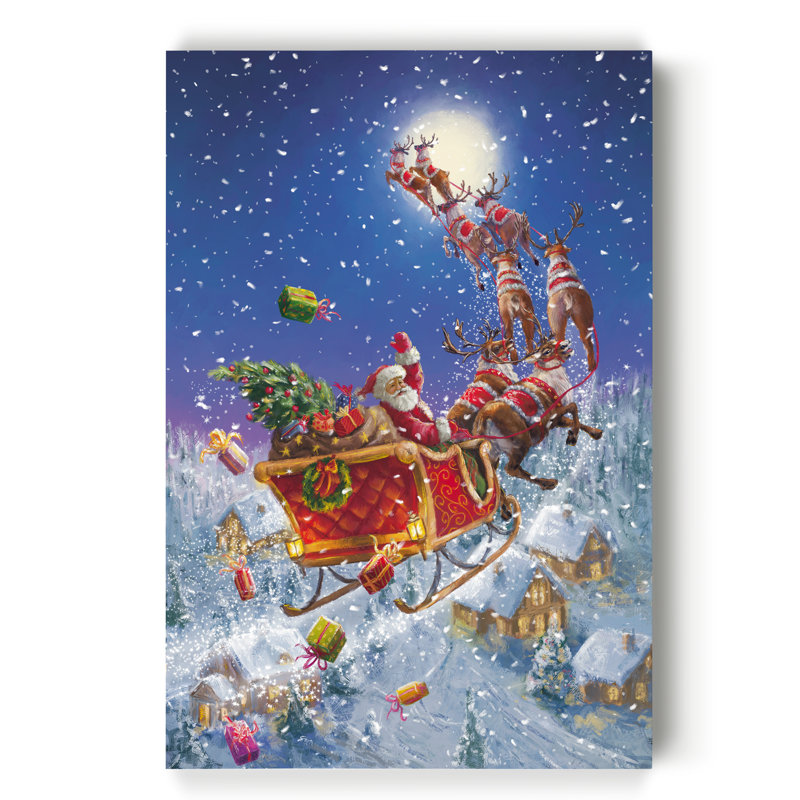 Père Noël en traîneau - reproduction d'art sur toile, H 20 po x l 16 po x P 1 po