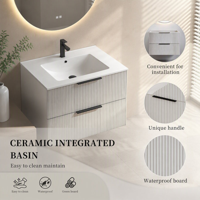 Meuble-lavabo de salle de bain 30 po avec lavabo en céramique - Meuble-lavabo flottant mural gris avec tiroirs, moderne