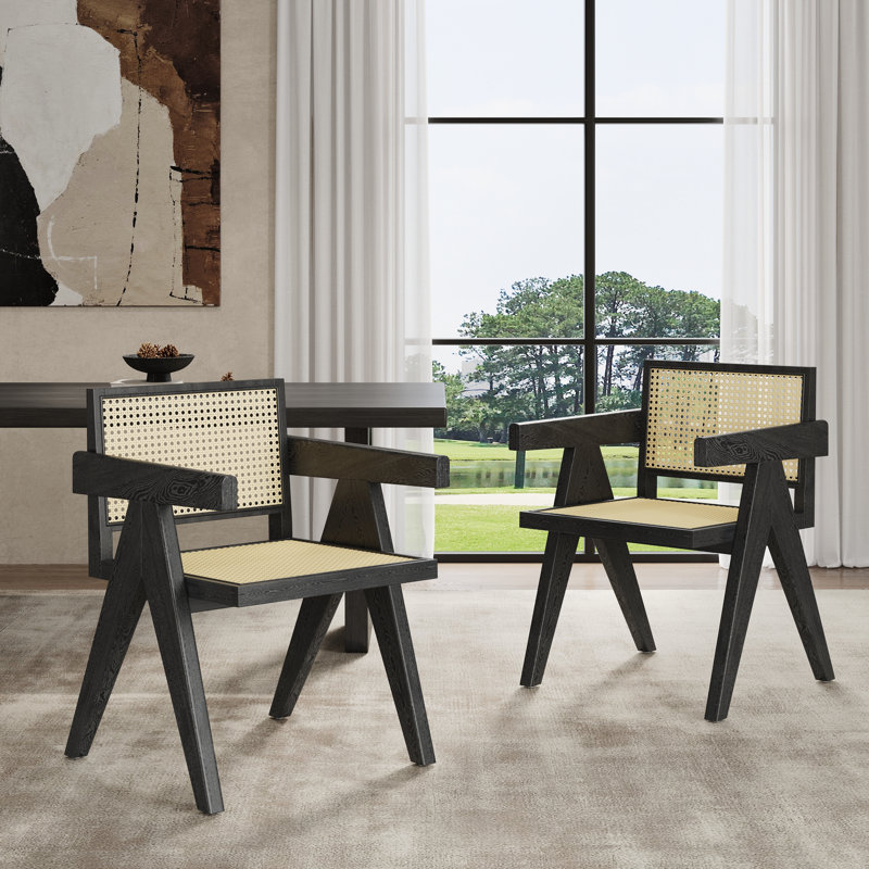 Chetanna Rattan Dining Chairs With Rubber Wood Frame, Black