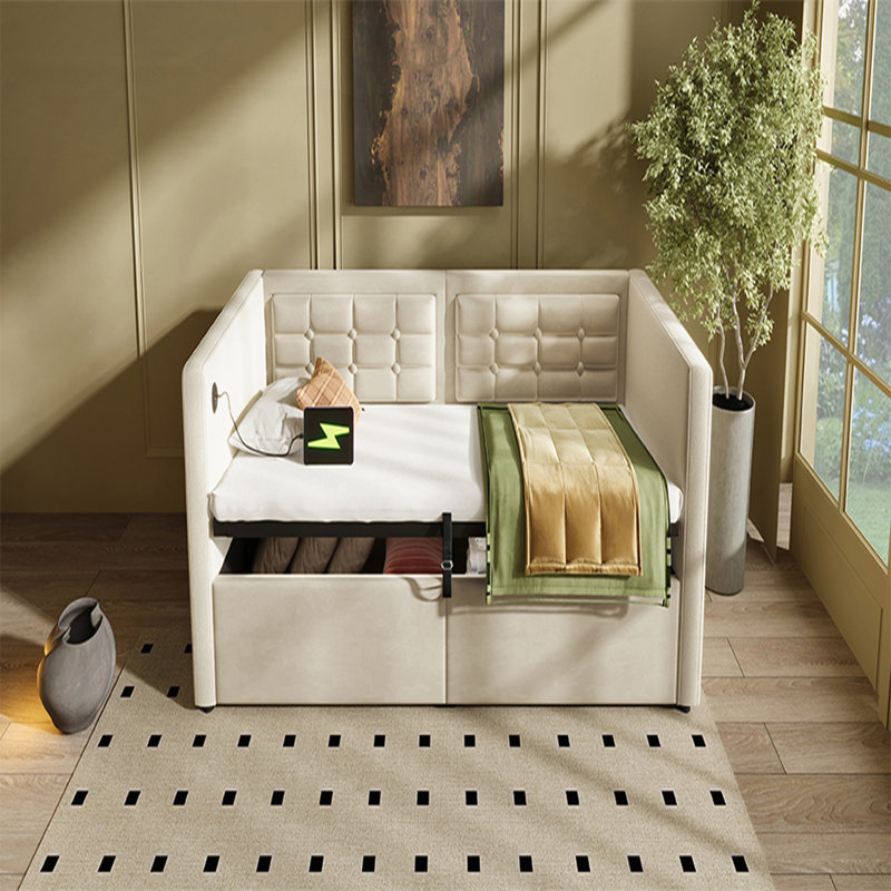 Upholstered Twin Size Daybed with Hydraulic Storage, USB & Type-C Charging, Wooden Slats, and Tufted Sofa Back, Gray Velvet