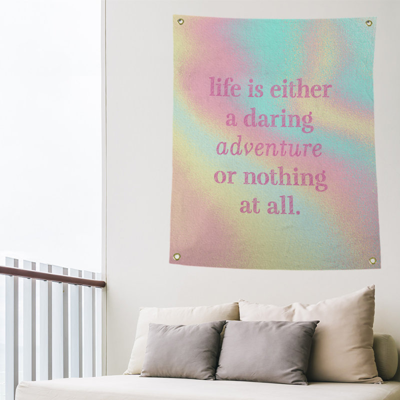 Tapisserie en polyester "life quote" adventure, H 80 po x l 59 po, Arc-en-ciel pastel