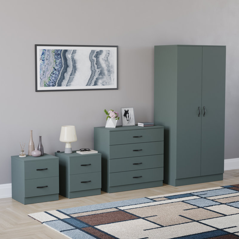 Tayce 4 Piece Bedroom Set (2 Drawer Bedside Cabinet X2, 4 Drawer Chest, 2 Door Wardrobe), Green