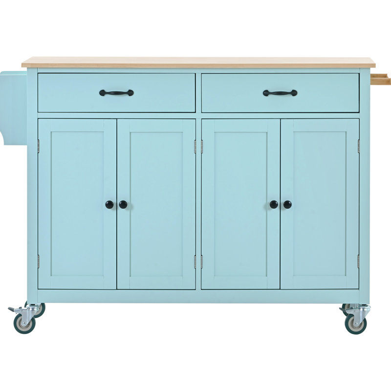 Kitchen Island Cart With 4 Door Cabinetry, 2 Drawers, Solid Wood Surface, Adjustable Shelves, Built-in Spice & Towel Rack, Locking Wheels (mint Mint Cabinet, Strong Top, Shelves For Efficient Baking,