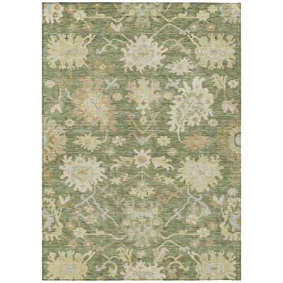 8' X 10' Artichoke Green Ivory And Tan Floral Washable Indoor Outdoor Area Rug