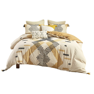 3 Piece Cotton Duvet Cover Full/Queen, Yellow Grey Geometric, Twisted , Button Closure, 4 Corner Ties, Machine Washable Geometric Decoration,