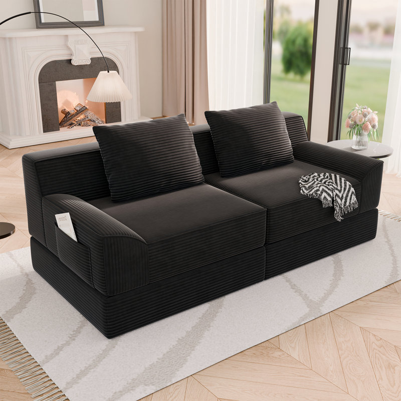 Canapé-lit en velours côtelé de 200 cm avec 2 oreillers, canapé-lit modulaire sans cadre pour salon, Velours côtelé noir