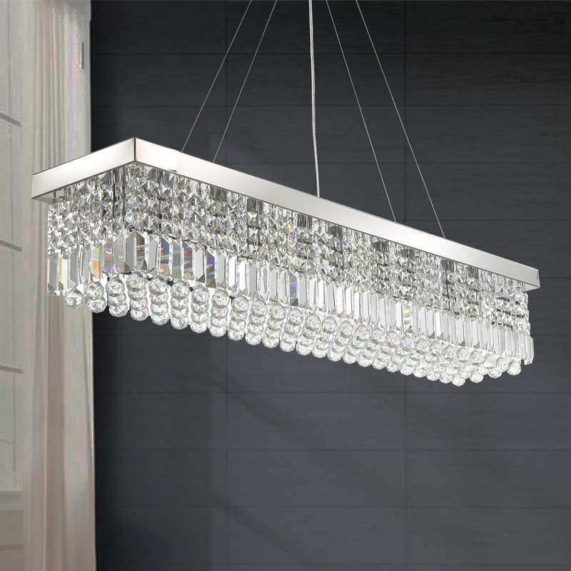 Plafonnier de luxe moderne rectangulaire à lustre en cristal à 8 lumières Bertu, H 10 po x L 40 po x l 10 po, Chrome poli