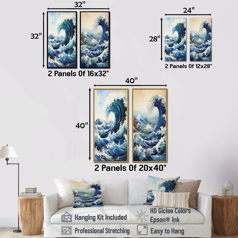 Japon - Hokusai Horizons - Ensemble de 2 impressions sur toile japonaises, Toile tendue, H 28 po x l 25 po