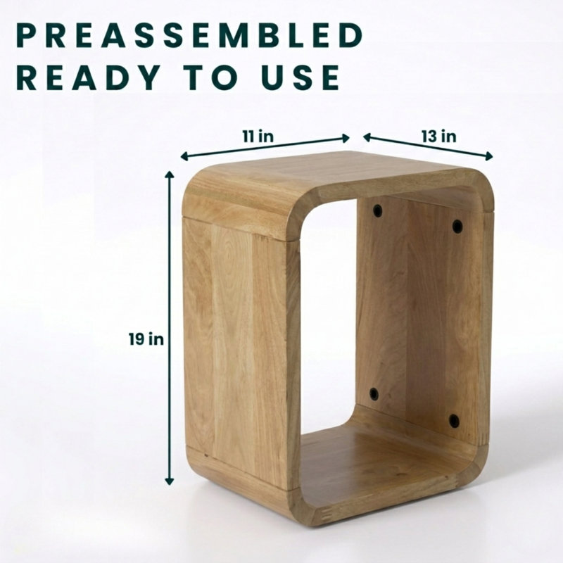 Modern Solid Wood End Table with Open Cube Storage, Natural Finish, Natural