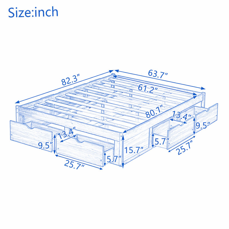 Lit plateforme avec 6 tiroirs de rangement, lit de rangement en bois de pin, Grand lit, Noyer