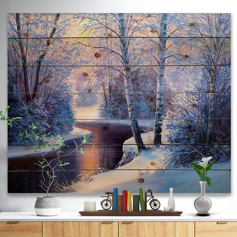 «Winter Forest in River Sunset - Landscape», peinture, Bois, H 36 po x l 46 po x P 1,5 po