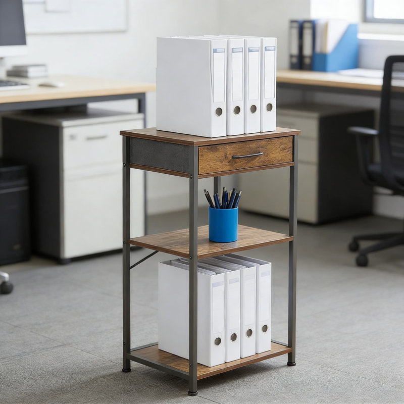 Support d'imprimante à 3 niveaux avec tiroir en tissu, table d'appoint multifonctionnelle pour bureau à domicile, chambre à coucher et salon, table d'appoint de rangement robuste avec pieds réglables