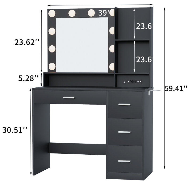 Borko Makeup Vanity With Lights,Vanity desk with Mirror and Power Outlet,Dresser Table with Drawers and Open Shelves, Black