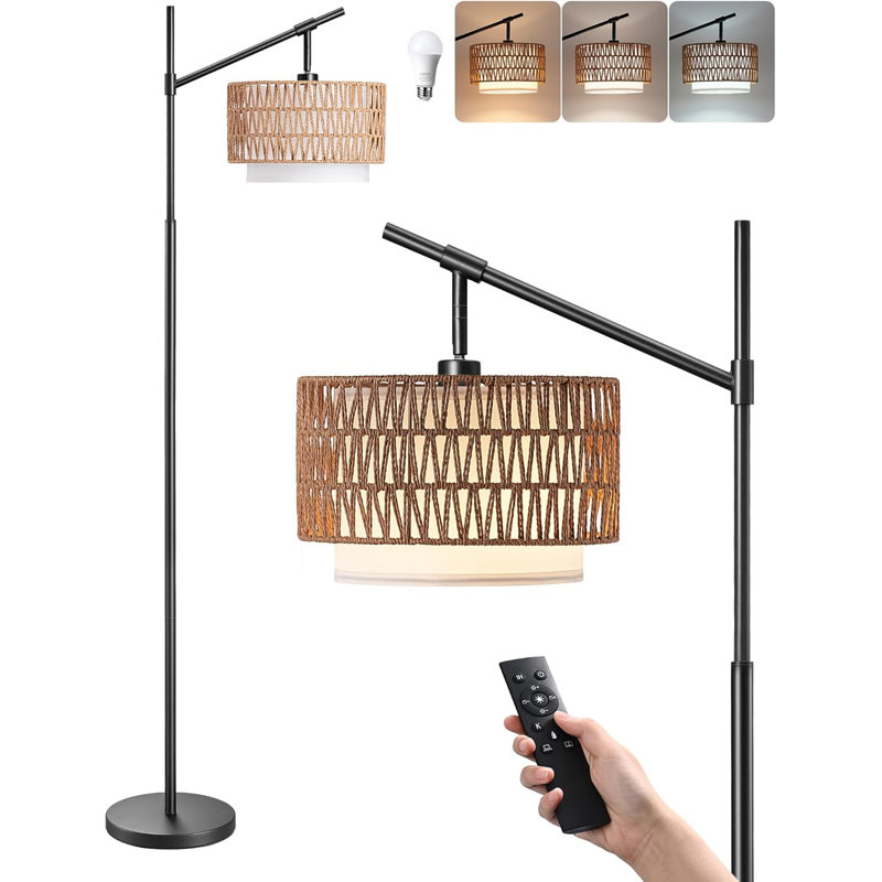 Lampe sur pied à arc avec abat-jour en rotin, télécommande et temps 5 couleurs, style bohème campagnard