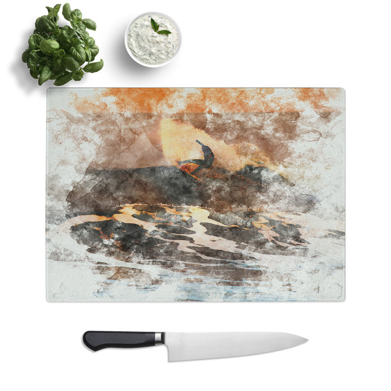 Tempered Glass Surfing As the Sun Sets Chopping Board, 28.5 cm x 39 cm